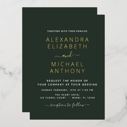 Invitation En Aluminium Mariage Élégant Romantique Emerald Green Gold (Recto/Verso)