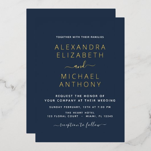 Invitation En Aluminium Mariage Élégant Romantique Marine Bleu Or (Recto/Verso)