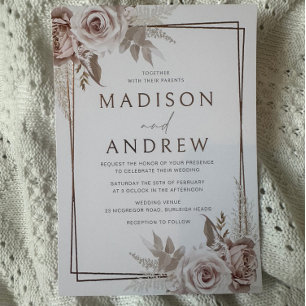Invitation En Aluminium Mariage élégant rose et or feuille