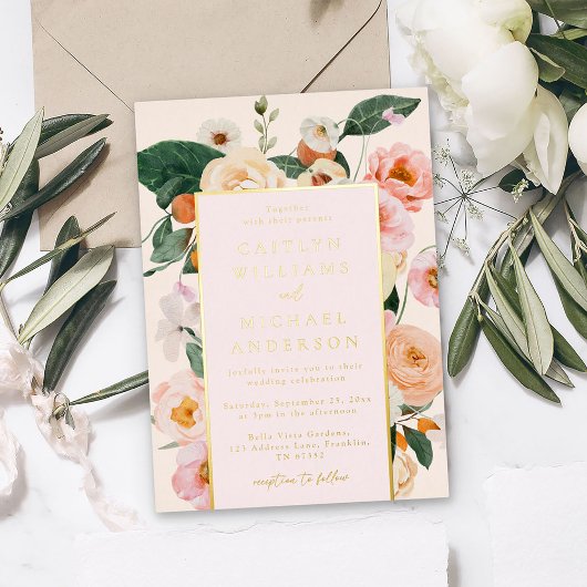 Invitation En Aluminium Mariage Élégant Rose Pâle Floral Or