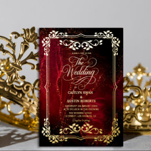 Invitation En Aluminium Mariage Élégant Rouge et Or Orné