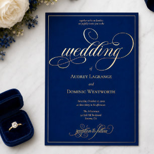 Invitation En Aluminium Mariage Élégant Royal Bleu Or Calligraphie Script