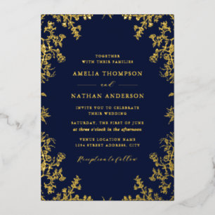 Invitation En Aluminium Mariage élégant vintage or marine 