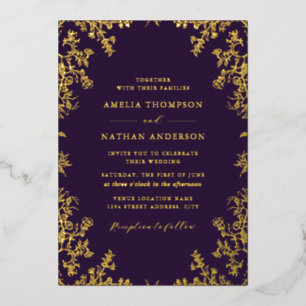 Invitation En Aluminium Mariage élégant vintage or violet
