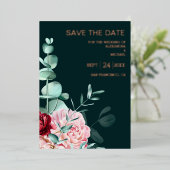 Invitation En Aluminium Mariage Emerald Green Watercolor Bourgogne Fleurs (Debout devant)