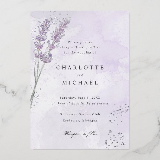 Invitation En Aluminium Mariage en feuille d'argent violet lavande (Recto)