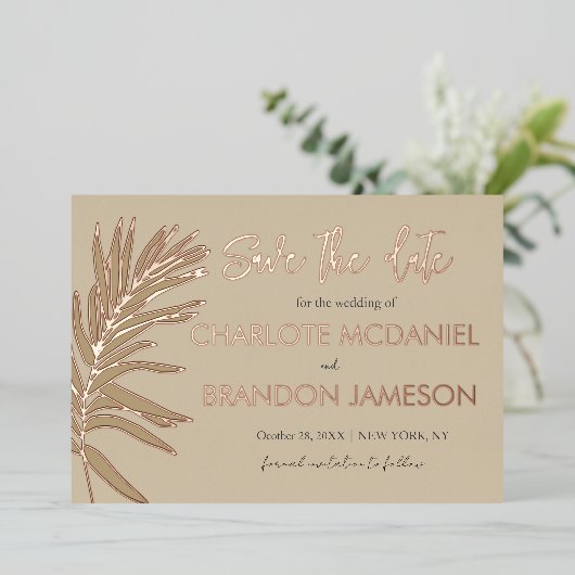 Invitation En Aluminium Mariage En Feuille De Palme Tropicale Enregistrer  (Debout devant)