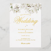 Invitation En Aluminium Mariage en fleurs blanches Élégant Script Gold (Recto)