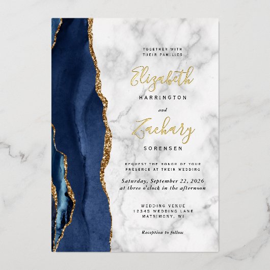 Invitation En Aluminium Mariage en marbre d'Agate bleu marine moderne (Recto)