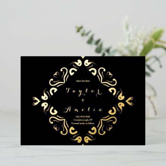 Invitation En Aluminium Mariage Enregistrer la date Black Real Gold (Debout devant)
