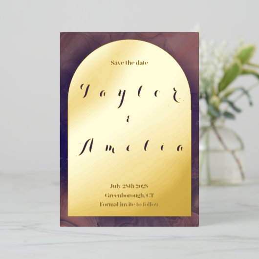 Invitation En Aluminium Mariage Enregistrer la date Purple Boho Arch Real (Debout devant)