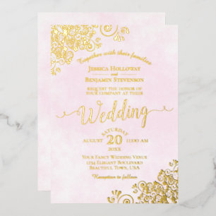 Invitation En Aluminium Mariage Fantaisie Élégant Ruban Doré sur Fond Rose