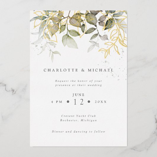 Invitation En Aluminium Mariage feuille d'or et de feuillage (Recto)