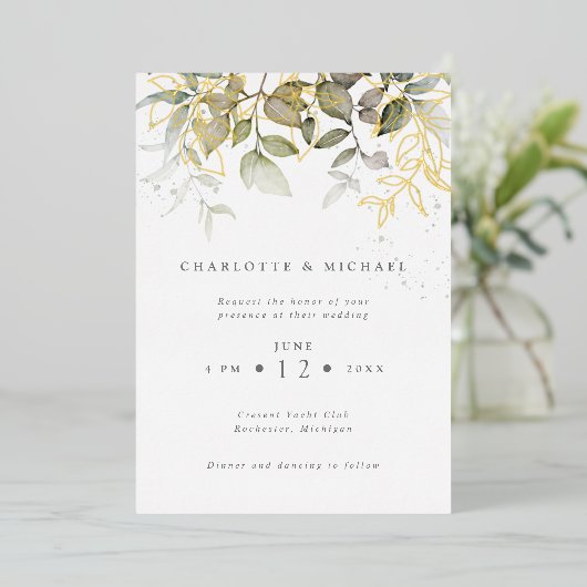 Invitation En Aluminium Mariage feuille d'or et de feuillage (Debout devant)