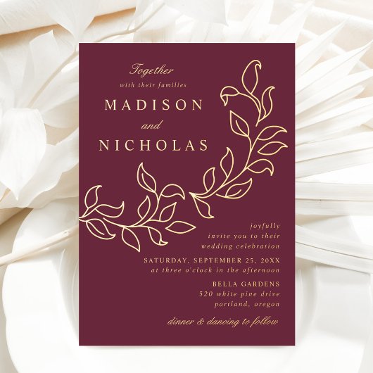 Invitation En Aluminium Mariage Feuille en cascade Merlot et Gold