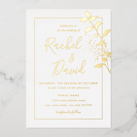 Invitation En Aluminium Mariage feuille or floral (Recto)