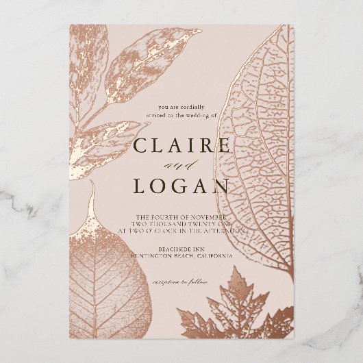 Invitation En Aluminium Mariage Feuille rose beige doré (Recto)