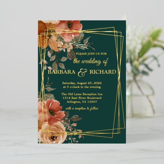 Invitation En Aluminium Mariage Fleur Romantique avec Feuille d'Or Vert (Debout devant)
