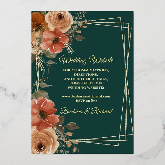 Invitation En Aluminium Mariage Fleur Romantique avec Feuille d'Or Vert (Verso)