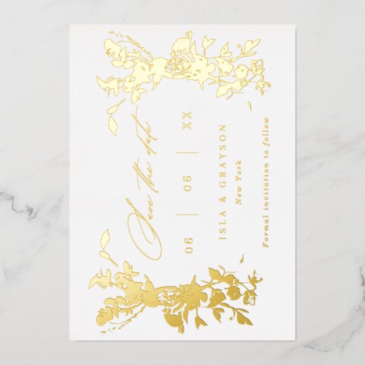 Invitation En Aluminium Mariage Fleur sauvage Doré Enregistrer La Date Or (Recto)