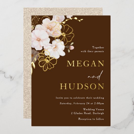 Invitation En Aluminium Mariage Fleur sauvage Gold & Blush Golden (Recto/Verso)
