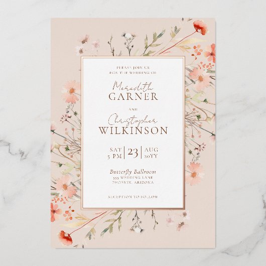 Invitation En Aluminium Mariage Fleur sauvage rose Gold Foil (Recto)