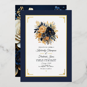 Invitation En Aluminium Mariage Fleurie Bleu Nuit et Or