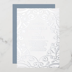 Invitation En Aluminium Mariage Fleurie Dentelle Argentée Bleu Poussiéreux