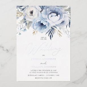 Invitation En Aluminium Mariage Fleuriste Poussiéreux Bleu et Argent