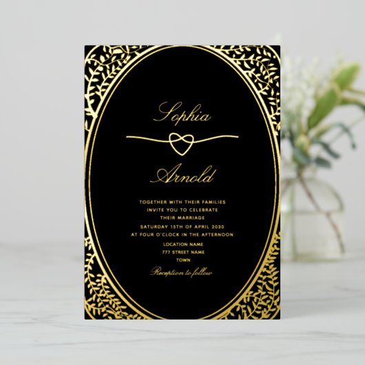Invitation En Aluminium Mariage Fleurs Antiques Or et Noir (Debout devant)