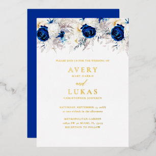 Invitation En Aluminium Mariage Fleurs Bleu Royal Moderne Or Réel