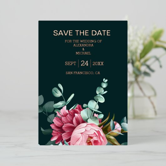 Invitation En Aluminium Mariage Fleurs de Bourgogne Vert Émeraude Aquarell (Debout devant)