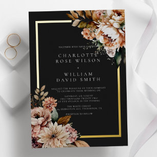Invitation En Aluminium Mariage Fleurs Élégantes Noir et Or Feuille de Met