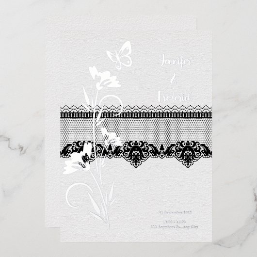 Invitation En Aluminium Mariage floral à dentelle argentée (Recto/Verso)