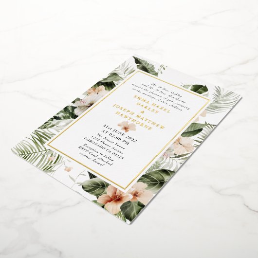 Invitation En Aluminium Mariage floral à hibiscus boho tropical (Rotation)