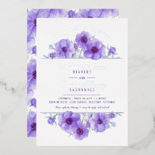 Invitation En Aluminium Mariage floral à l'aquarelle blanc et anemone viol