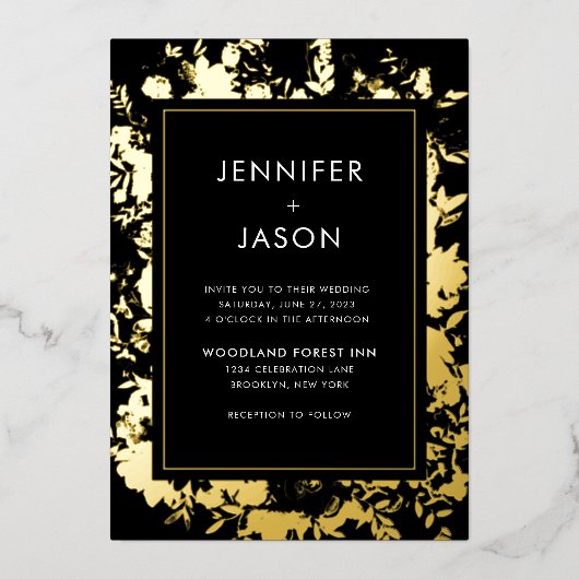 Invitation En Aluminium Mariage Floral Black Gold moderne (Recto)