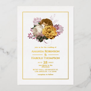 Invitation En Aluminium Mariage floral blanc et or burgundy