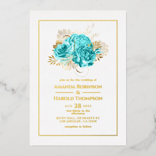 Invitation En Aluminium Mariage floral bleu aqua et or