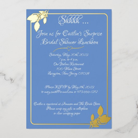 Invitation En Aluminium Mariage Floral, Bleu Campagne, Or (Recto)