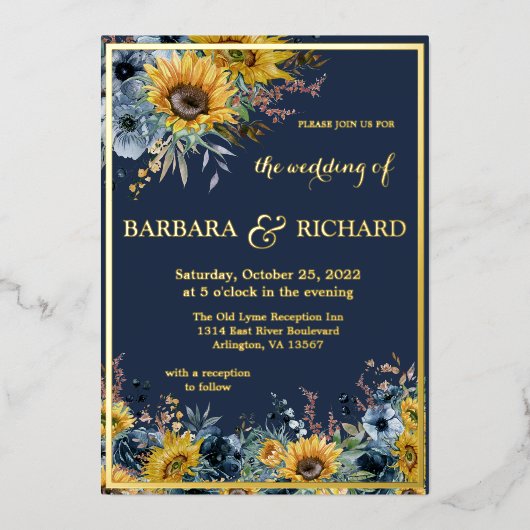 Invitation En Aluminium Mariage floral bleu de la marine (Recto)