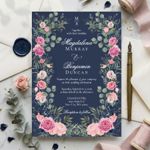 Invitation En Aluminium Mariage Floral Bleu Marine Rose Pâle Eucalyptus