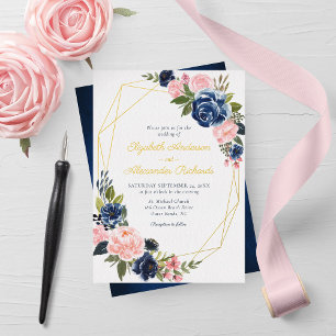Invitation En Aluminium Mariage Floral Bleu Nuit Rose Pâle Géométrique Or