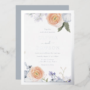 Invitation En Aluminium Mariage floral bleu poussiéreux et pêche avec feui