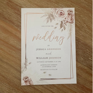 Invitation En Aluminium Mariage Floral Blush Bordure Géométrique Or Rose