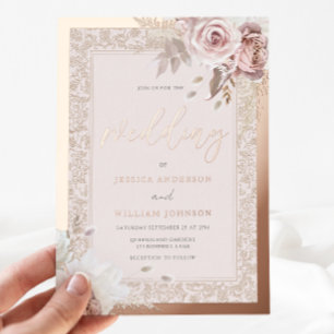 Invitation En Aluminium Mariage Floral Blush Bordure Vintage Feuille Rose