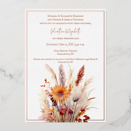 Invitation En Aluminium Mariage floral Boho d'automne | Blanc (Recto)