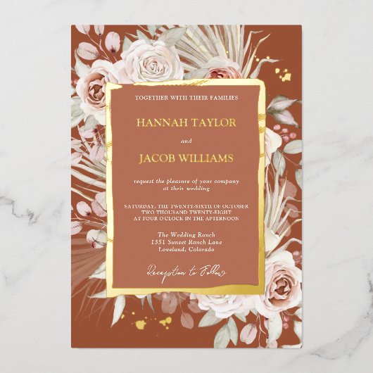 Invitation En Aluminium Mariage Floral Boho en Terracotta or (Recto)