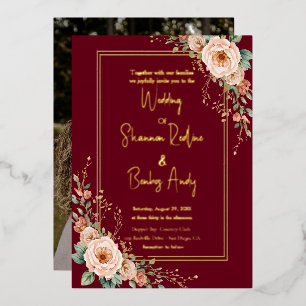Invitation En Aluminium Mariage floral bordeaux et rose moderne script