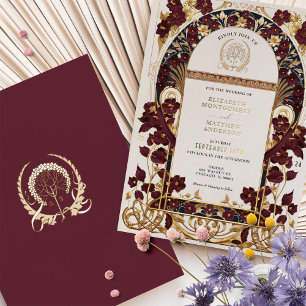 Invitation En Aluminium Mariage Floral Bourgogne, Bleu Nuit et Or Antique